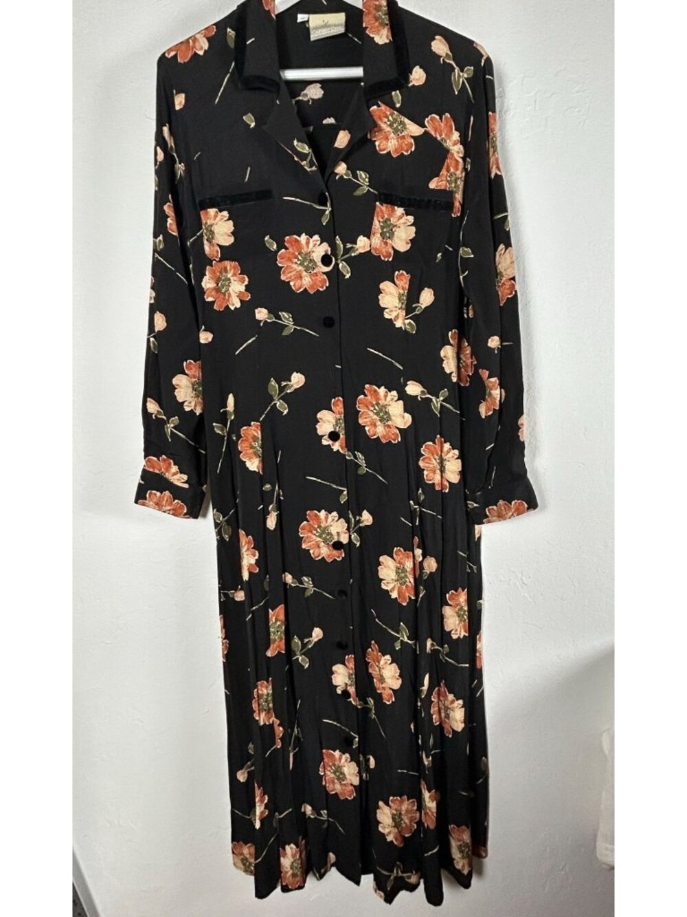 Vintage Coldwater Creek Floral Button-Front Shirt Dress Size 14 Black Orange